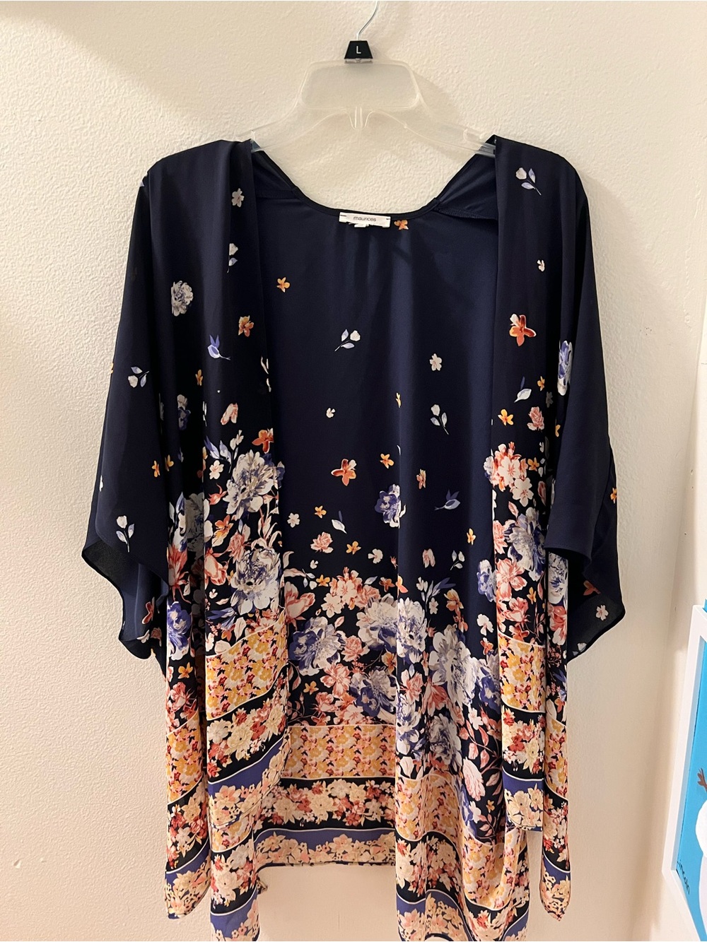Maurice’s One Size Blue & Floral Bohemian Border Kimono Resort Light Open Front